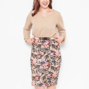 Blue Bell Ladies Sheath Dress V-Neck Long-Sleeve Beige Floral Size 1XL NWOT